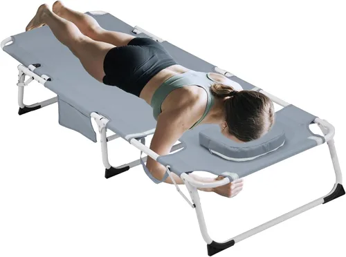 Vista 10 de Silla de bronceado 3 en 1 extragrande con esterilla y agujero para la cara, silla lounge plegable resistente - Silla ajustable de 5 posiciones