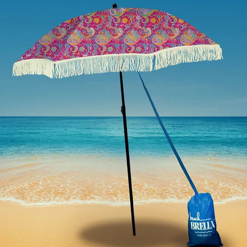 Vista 39 de Sombrilla de playa para arena, resistente al viento, con bolsa de anclaje de arena, portátil, flecos, bolsa de mezclilla, cuenta con parte inferior