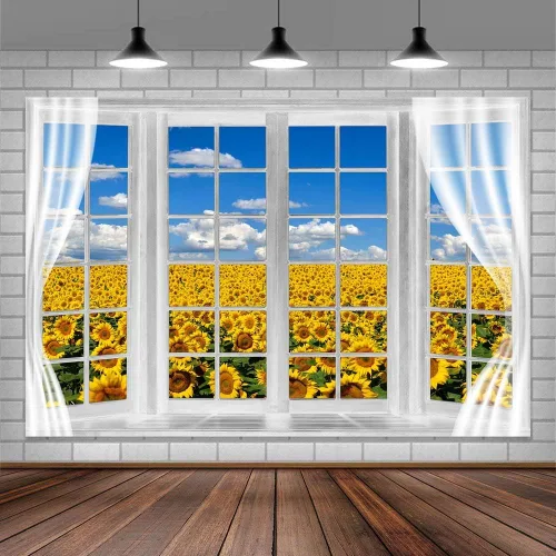 Vista 2 de Telón de fondo de campo de girasol, ventana, paisaje, granja, primavera, flores amarillas, cielo azul, fondo de poliéster de 5 x 3 pies para fotos