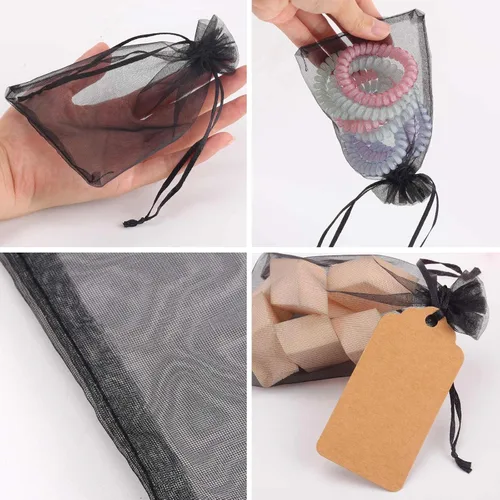 Vista 3 de 100 bolsas de organza – Bolsas de joyería de 4 x 6 pulgadas con cordón, malla negra para embalaje de regalo, fiesta, boda, festivo