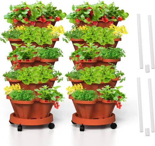 Vista 23 de Macetas verticales de fresa, paquete de 2 unidades, torre apilable de 5 niveles con poste de soporte, macetas apilables para hierbas y verduras