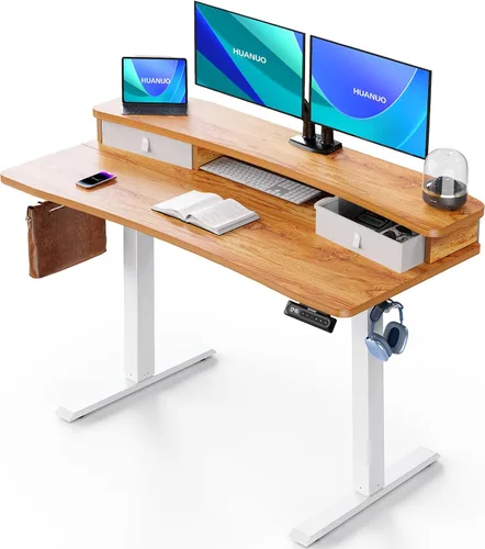 Vista 23 de HUANUO - Escritorio eléctrico de pie de 32 x 21 pulgadas con 2 cajones, compatible con montaje con abrazadera en C, escritorio de computadora