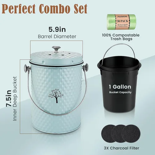 Vista 2 de AOSION Contenedor de compostaje para encimera de cocina, contenedor de compostaje interior resistente al olor con tapa y 50 bolsas de compost, Azul