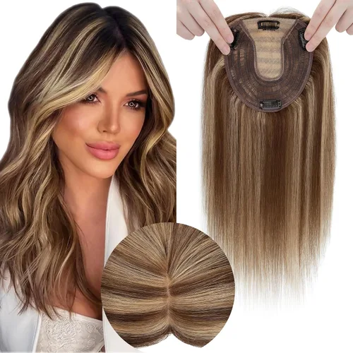 Vista 9 de SEGO SEGOHAIR - Toppers de cabello humano real para mujer, sin flequillo, más grande de 5.1 x 5.9 in, base de seda, densidad del 150 %, extensiones