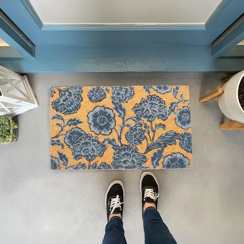 Vista 2 de Tapete para puerta de fibra de coco con estampado floral con respaldo de PVC antideslizante, tapete para interiores y exteriores para decoración