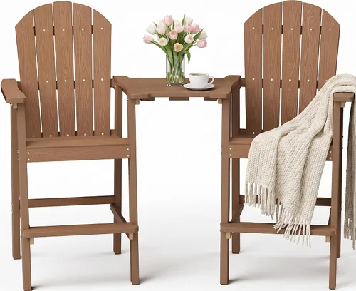 Vista 18 de YEFU Juego de 2 sillas Adirondack altas para balcón, sillas Adirondack de gran tamaño, taburetes de bar ampliados con grano de madera, resistentes a