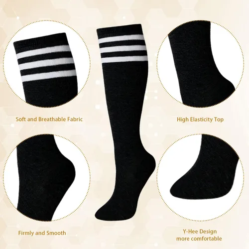 Vista 3 de SATINIOR 6 pares de calcetines de fútbol hasta la rodilla para jóvenes, tubo a rayas, calcetines largos de fútbol para niños, niñas, mujeres
