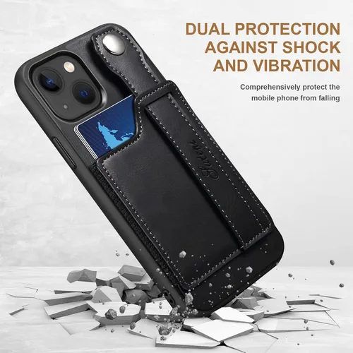 Vista 7 de Funda para iPhone 15 Plus 2023, de piel sintética, con ranura elástica para tarjetas, cierre magnético, correa de mano, funda protectora para iPhone