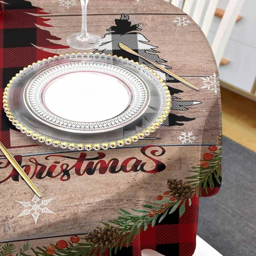 Vista 4 de Mantel redondo de árbol de Navidad, impermeable y resistente a las manchas, mantel lavable sin arrugas para comedor, fiesta, boda, Navidad, granja