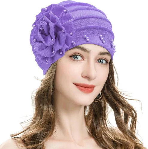 Vista 8 de ZLYC Gorro de verano para mujer, gorro elástico de quimioterapia con flores Blanco floral