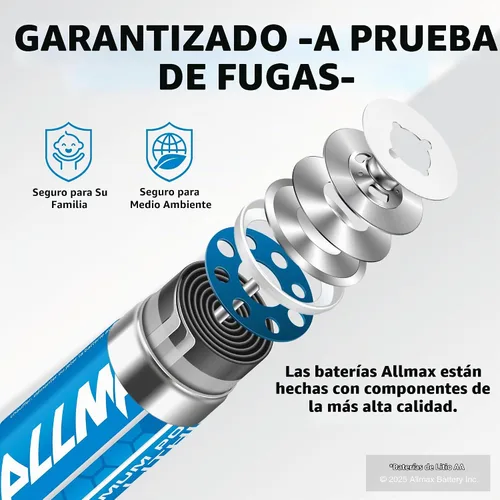 Vista 4 de Baterías de litio AA de Allmax Máxima Potencia (12 unidades) – De mayor duración, a prueba de derrames, vida útil de 20 años, rendimiento máximo