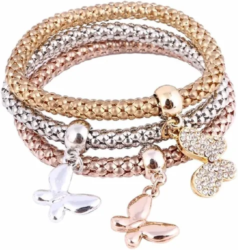 Vista 12 de SILANER Pulseras multicapa con dijes de cristal, 3 pulseras de cadena de maíz de oro/plata/oro rosa para mujer, pulsera elástica en forma de corazón