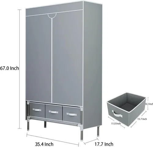 Vista 4 de Armario portátil para ropa con puerta enrollable con estante para colgar, organizador de almacenamiento de tela no tejida con tres cajones, montaje
