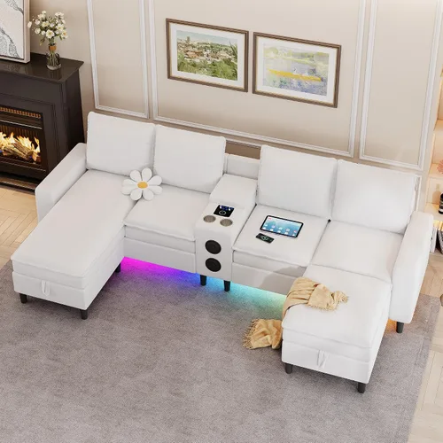Vista 8 de Sofás seccionales para sala de estar, sofá modular de 4 asientos con módulo inteligente, altavoz Bluetooth, luz RGB, estación de carga, sofá de nube