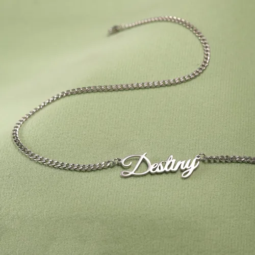 Vista 4 de Collar con nombre personalizado, collar con nombre personalizado con cadena de bordillo, collar con colgante chapado en nombre S925, regalo