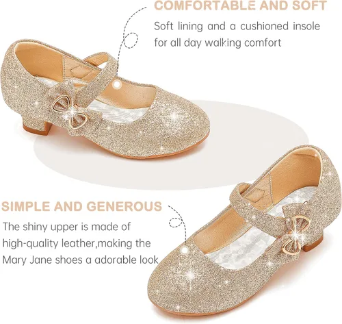 Vista 4 de Dufannie Zapatos de vestir para niñas, zapatos de tacón bajo de princesa, zapatos planos con purpurina para bodas y fiestas