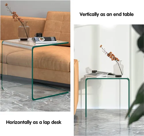 Vista 7 de Mesa auxiliar de vidrio templado, mesa de café transparente en forma de U con esquinas redondeadas y almohadilla antideslizante para el pie, mesa