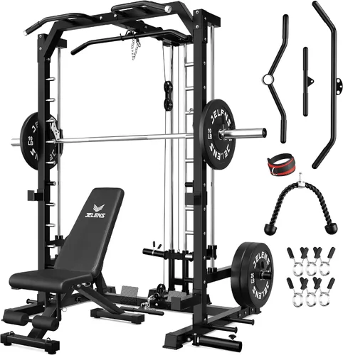 Vista 11 de JELENS SR01 Smith Machine, jaula de potencia multifunción de 2000 libras con sistema de extracción LAT, estante para sentadillas todo en uno