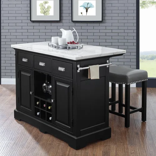 Vista 2 de Steve Silver Furniture Aspen - Isla de cocina con parte superior de mármol, 3 piezas, cajones de almacenamiento, gabinetes, estante para vino