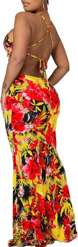 Vista 2 de Vestido largo de fiesta de noche con tirantes florales y espalda descubierta para mujer