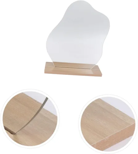 Vista 4 de Espejo de maquillaje de escritorio irregular con soporte, espejo de tocador plateado estético para mujer, diseño compacto con función de aumento