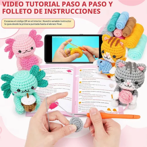 Vista 2 de Kit de ganchillo para principiantes, kit de ganchillo para gatos Axolotls Familia de ajolotes y gatos