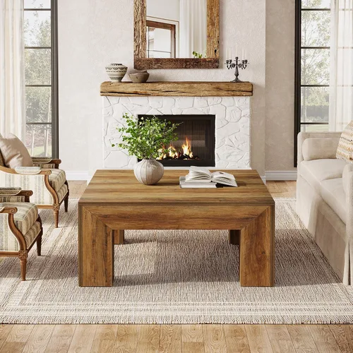 Vista 9 de Tribesigns - Mesa de café cuadrada estilo granja para sala de estar, mesa de centro baja grande de 39.37 pulgadas con patas resistentes, fácil Marrón