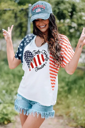 Vista 3 de Camisas patrióticas para mujer, camiseta con la bandera estadounidense, Faith Family Freedom Graphic Tee USA Star Stripes Tops