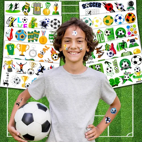Vista 3 de 96 tatuajes temporales de fútbol para niños y niñas, recuerdos de fiesta de fútbol para niños, decoraciones de fiesta de cumpleaños deportivas