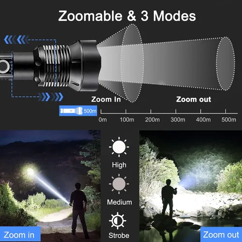 Vista 3 de Linternas LED recargables de 100000 lúmenes súper brillantes con 5 modos, impermeables, con zoom, luz de flash para emergencias al aire libre