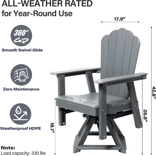 Vista 2 de Outdoor Glider Chair, 360° Swivel HDPE Adirondack Rocker Lounge Chair, Gray Gris