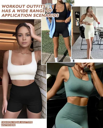 Vista 7 de AURUZA Conjunto de traje de entrenamiento para mujer, 2 piezas, leggings de cintura alta acanalados sin costuras con brasier deportivo, conjuntos