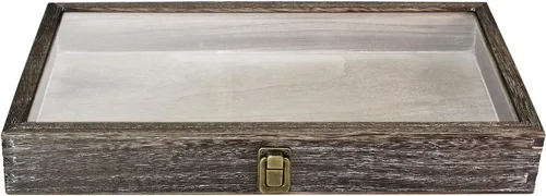 Vista 4 de MOOCA Caja de almacenamiento de 2 piezas de vidrio templado de madera con cierre de metal, bandeja de joyería de madera para coleccionables, vitrina