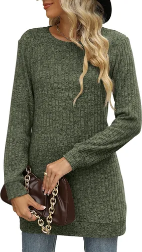 Vista 4 de Auremore Suéteres para mujer, manga larga, cuello redondo, sueltos, casuales, túnica