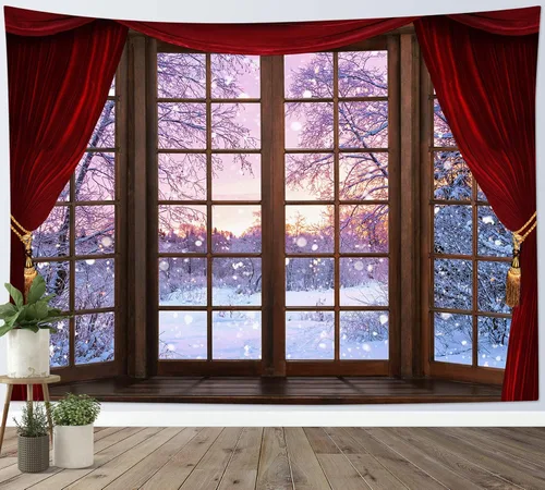 Vista 18 de HVEST Tapiz de bosque de invierno para colgar en la pared, montaña, nieve y pino, exterior, ventana de Navidad, arte de pared, tapiz de invierno