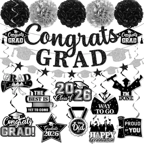Vista 7 de Decoraciones de graduación 2026, pancarta de felicitaciones con purpurina, espirales colgantes y pompones de tela, decoraciones de graduación negras