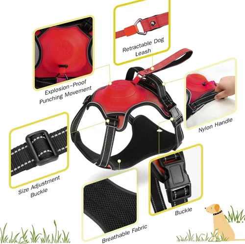 Vista 5 de Arnés para perro 2 en 1 sin tirones y correa retráctil con bloqueo automático, reflectante, ajustable para perros grandes