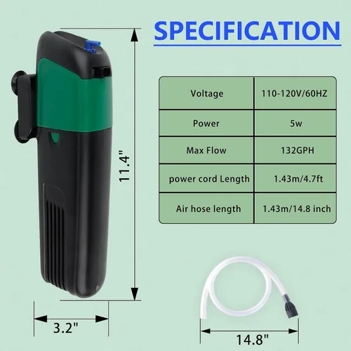 Vista 4 de FREESEA Bomba de filtro de energía para acuario: filtro interno de 5 vatios aumenta oxígeno 4 en 1 bomba 132 GPH para hasta 150 galones
