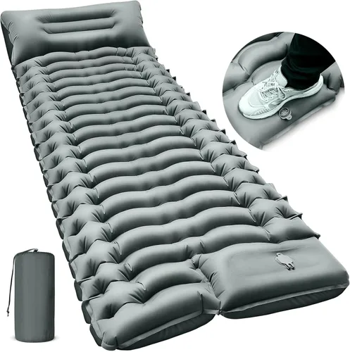 Vista 9 de FUN PAC Almohadilla de dormir para acampar con almohada Bomba de pie incorporada Esterilla de dormir inflable compacta para acampar mochilero Azul