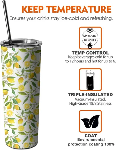 Vista 2 de Lemon Tree - Vaso de acero inoxidable aislado – Vaso de viaje de 20 onzas, regalos únicos para mujeres