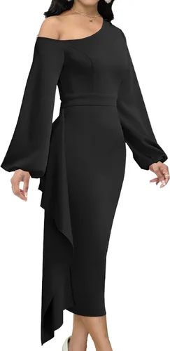 Vista 3 de Oxgmoky Vestidos de iglesia para mujer, vestidos de trabajo, negocios, manga entallada, cuello redondo, vestidos de lápiz negros