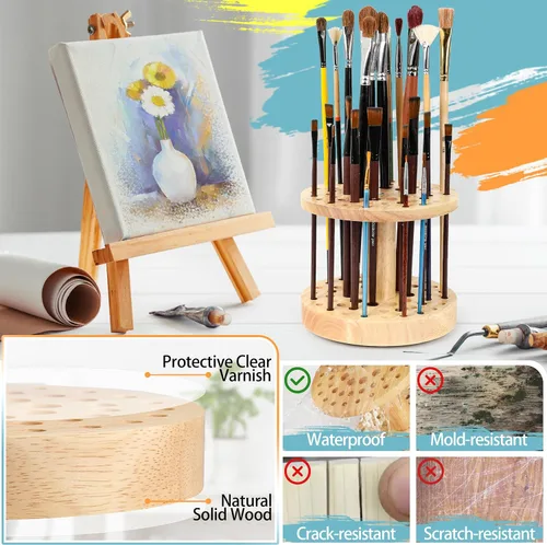 Vista 4 de Soporte para pinceles de pintura de 52 agujeros, organizador de pinceles de pintura giratorio de 360°, soporte de almacenamiento de madera dura