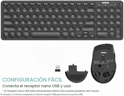 Vista 4 de Arteck Combo de teclado y mouse inalámbricos USB de 2.4G, teclado compacto ultra delgado y mouse ergonómico para computadora, computadora