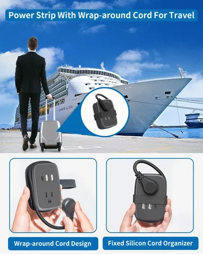 Vista 6 de NTONPOWER - Regleta de alimentación de viaje con puerto USB C, pequeña con enchufe plano, cable de extensión de viaje de múltiples enchufes, regleta