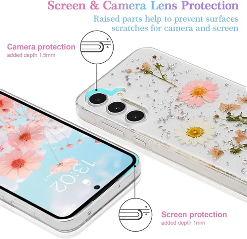 Vista 2 de EYZUTAK Funda para Samsung Galaxy A15 4G/5G, Bling Glitter Lentejuelas Hecho a Mano Hoja De Flor Seca Real Funda Estética Transparente Embedded