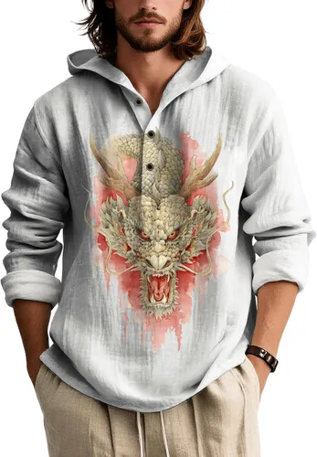 Vista 22 de Sudadera con capucha con estampado novedoso para hombre, multiestilo, manga larga, casual, con botones de un cuarto