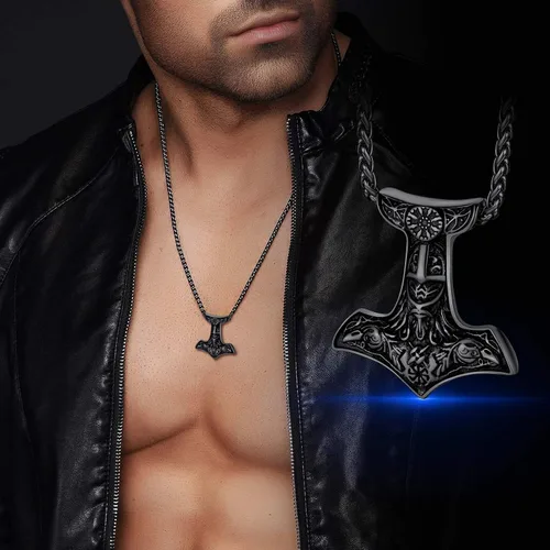 Vista 9 de FaithHeart Collar con colgante de runas vikingas nórdicas, martillo de Thor, brújula nórdica, Odín, cuervo, para hombres y mujeres, con embalaje