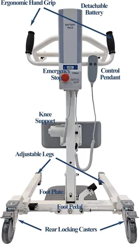 Vista 4 de Levantamiento eléctrico de paciente de pie, sentado a pie, elevación de rinoceronte con base baja manual, con eslinga de pie (pequeño) y correa