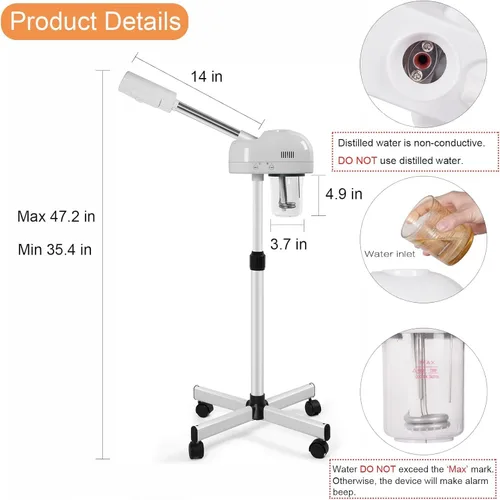 Vista 3 de Vaporizador facial profesional con función de niebla caliente, vaporizador facial de soporte sobre ruedas, altura ajustable y boquilla giratoria