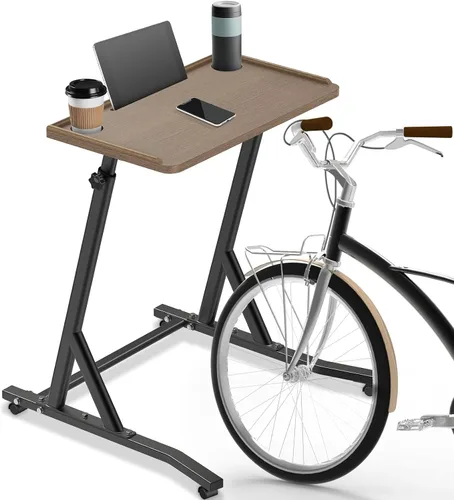 Vista 9 de SELEWARE Indoor Cycling Desk Height Adjustable Bike Desk Workstation Standing Desk Wooden Laptop Desk Portable Bike Trainer Fitness Desk with